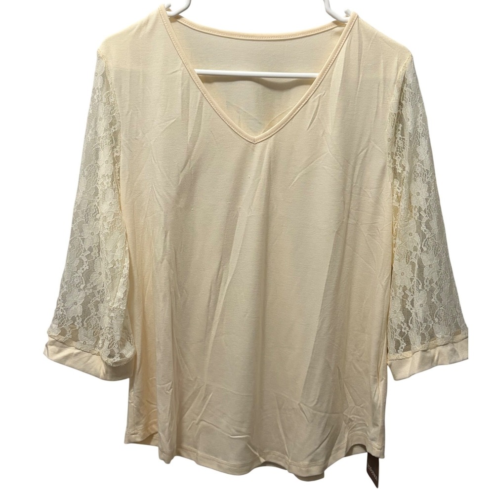 Kohl's Yesfashion Light Yellow 3/4 Lacey Sleeve V-Neck Blouse Women's Size L NWT